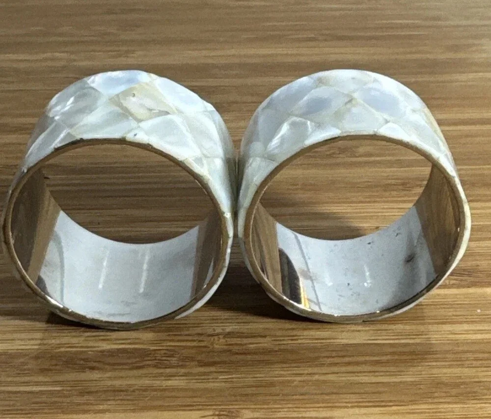 Vintage Silver Tone Mother Of Pearl Napkin Holders Set Of TWO Fish Scale Mosaic